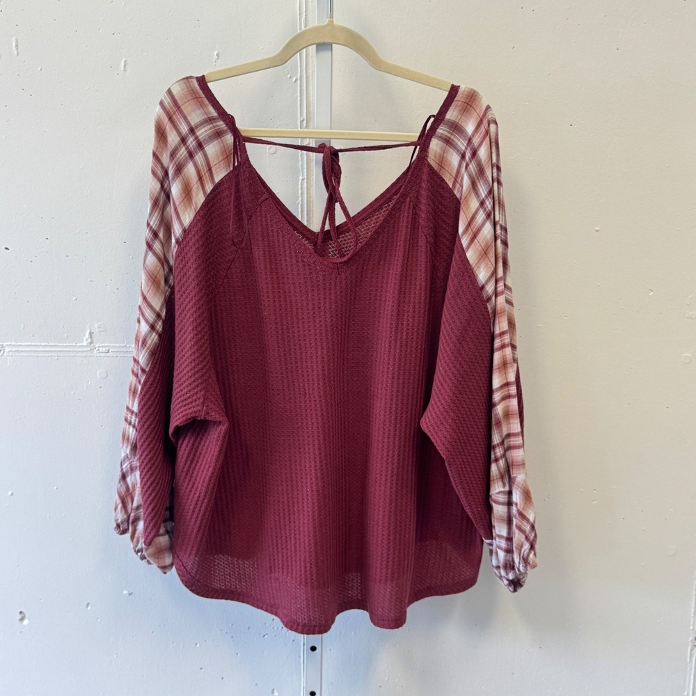 ACOA Burgundy Waffle Knit Plaid Balloon Sleeve Tie Back Top Plus Size 1X Relaxed - Picture 2 of 6